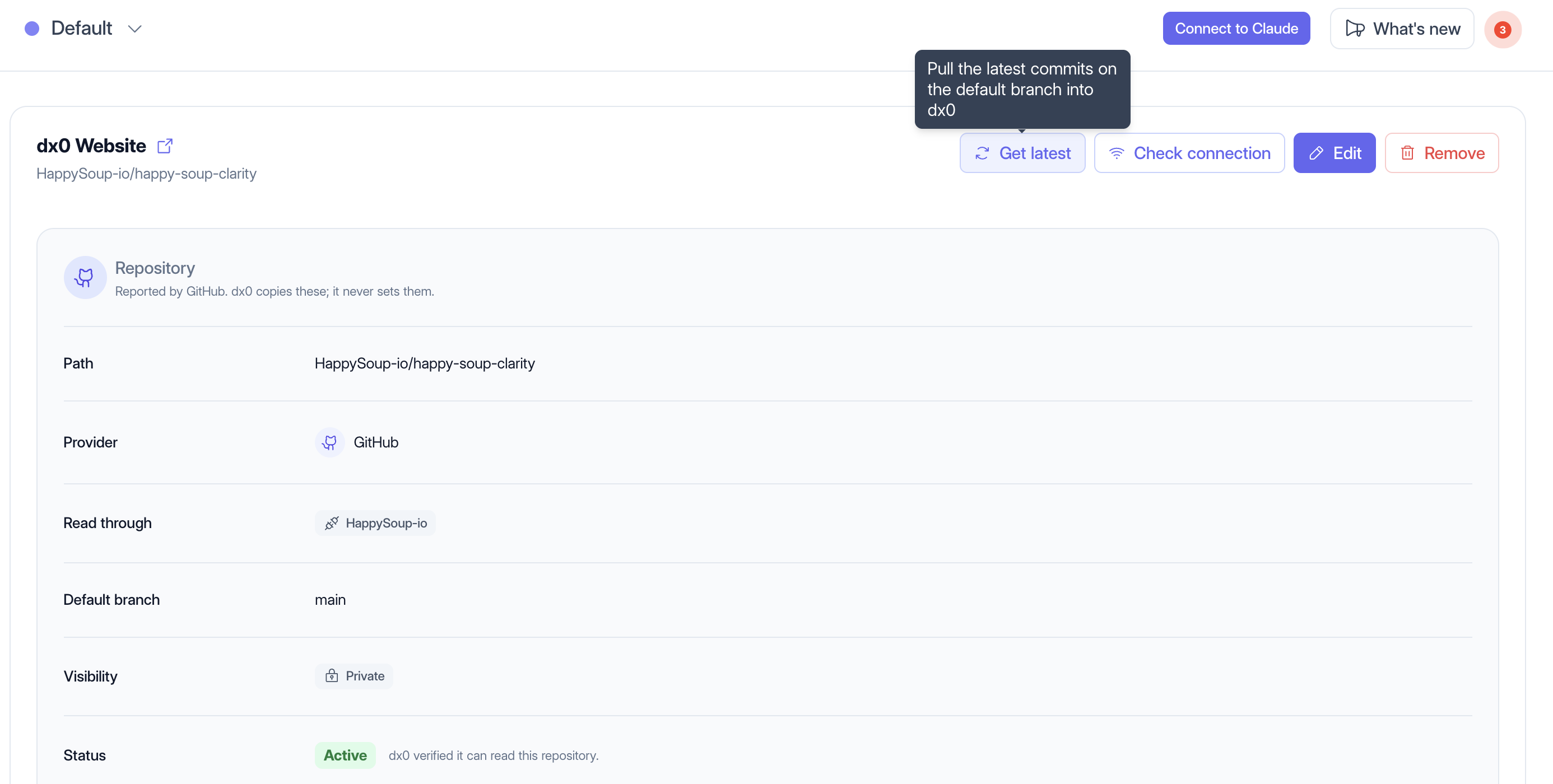 A connected repository's page