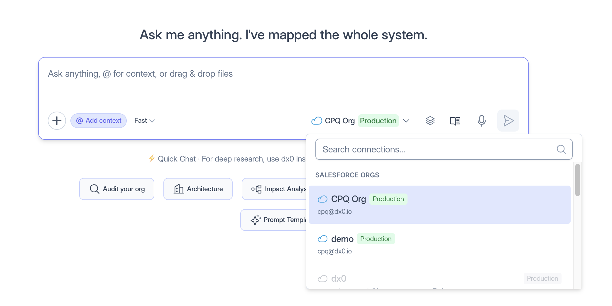 Selecting a Salesforce org in Quick Chat
